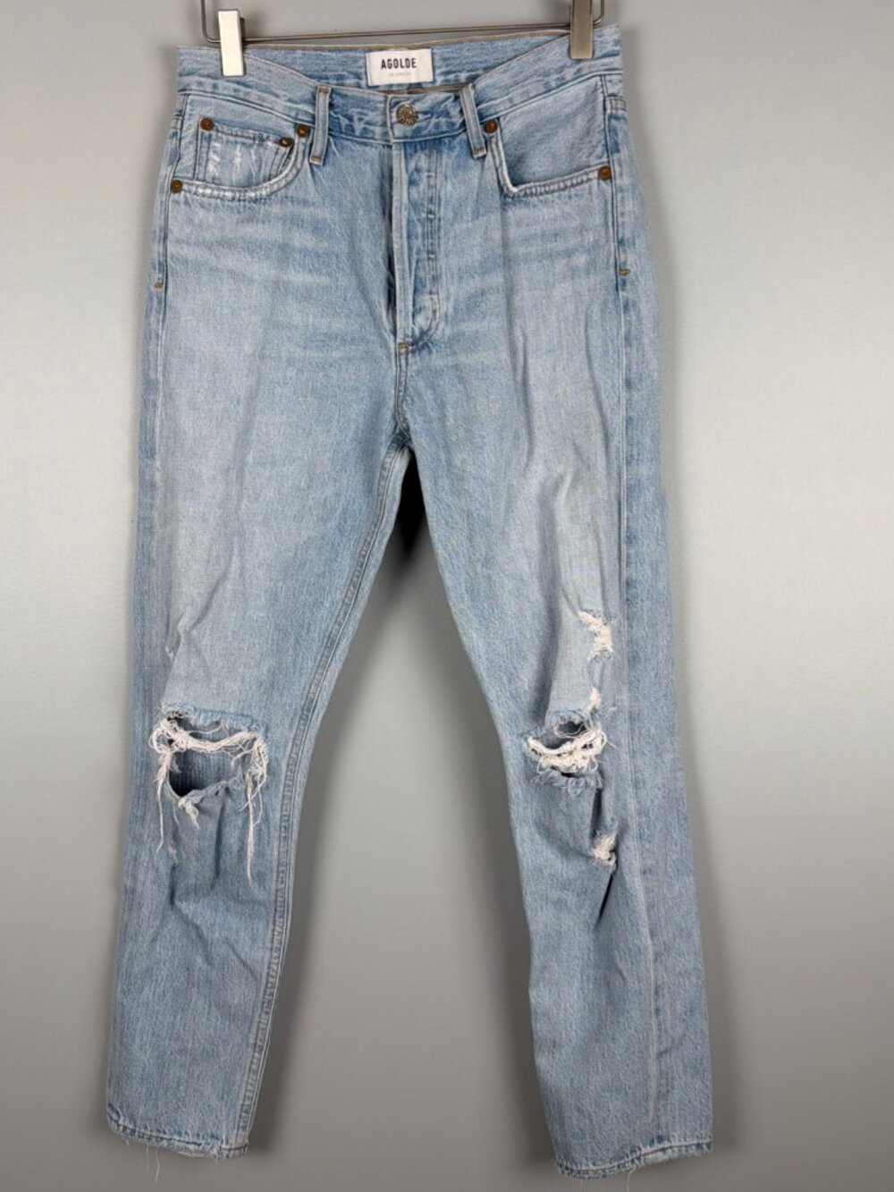 AGOLDE Jeans Women 26 Light Wash Blue Riley Straight Button Fly Distressed Beach